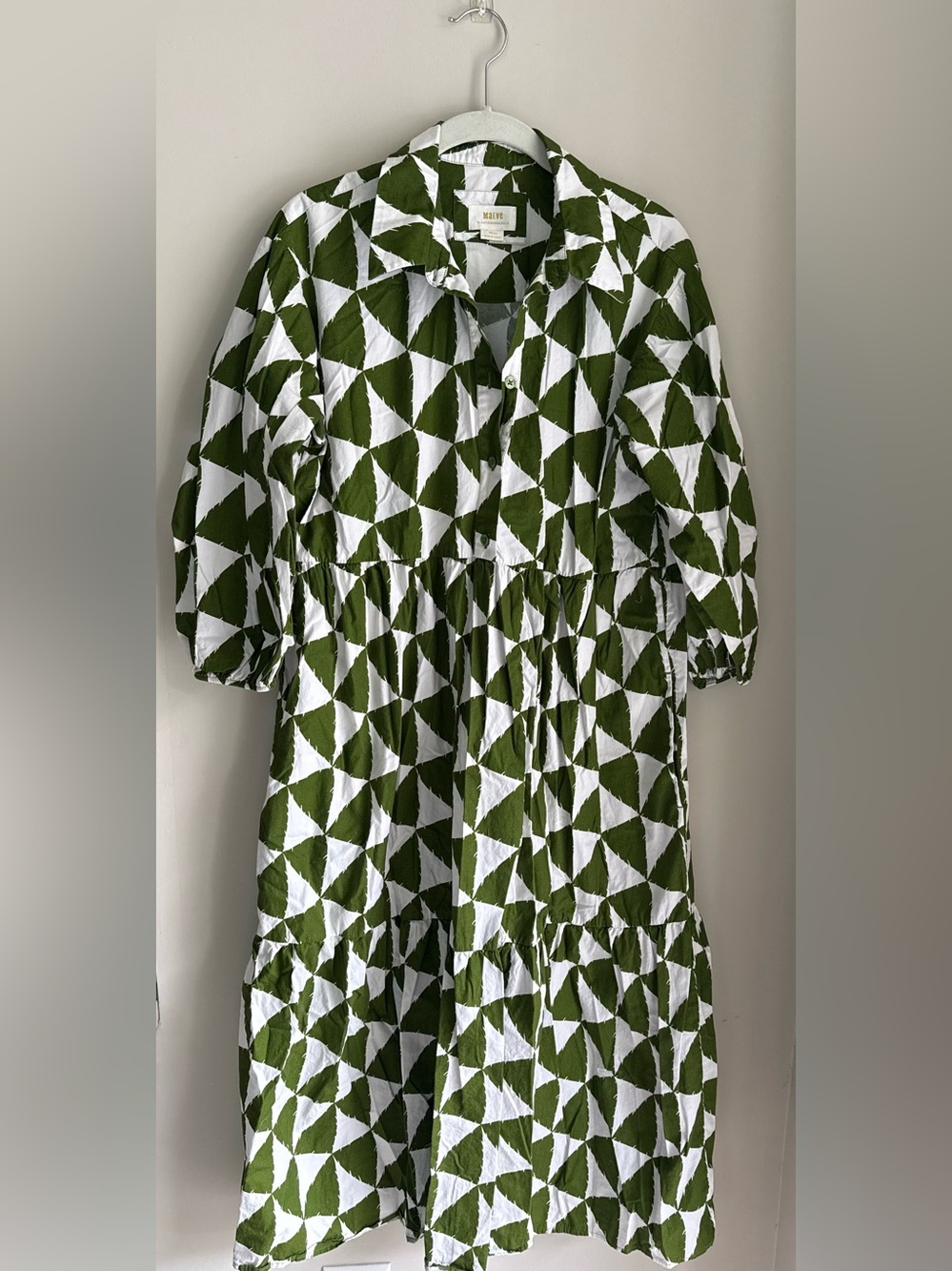 Anthropologie Mauve Bettina Midi Dress Green & White Triangle Print- Size Medium